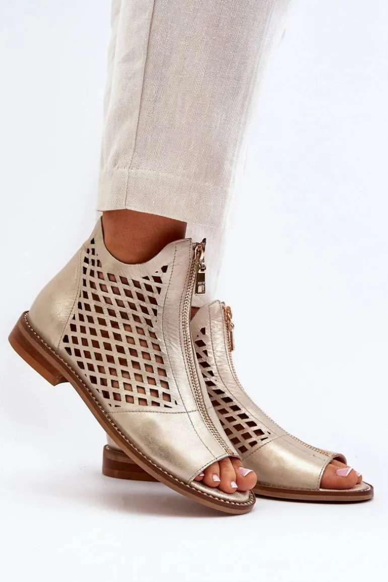 Zazoo 977/L Skórzane Ażurowe Sandały Na Zamek Złote