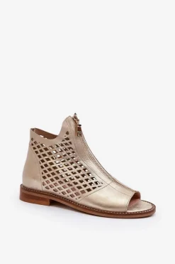 Zazoo 977/L Skórzane Ażurowe Sandały Na Zamek Złote