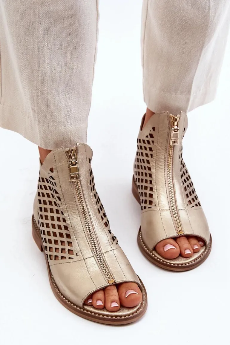 Zazoo 977/L Skórzane Ażurowe Sandały Na Zamek Złote