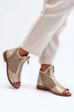 Zazoo 977/L Skórzane Ażurowe Sandały Na Zamek Złote