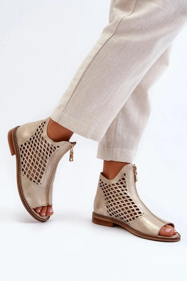 Zazoo 977/L Skórzane Ażurowe Sandały Na Zamek Złote