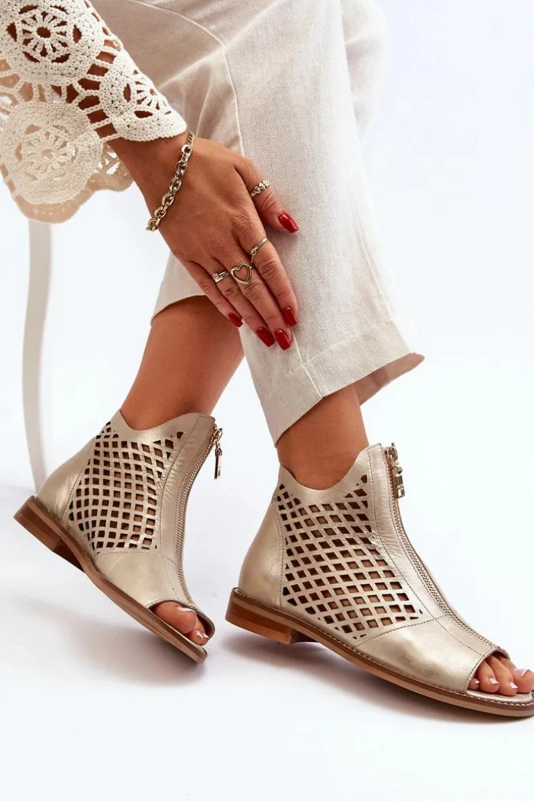 Zazoo 977/L Skórzane Ażurowe Sandały Na Zamek Złote
