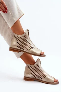 Zazoo 977/L Skórzane Ażurowe Sandały Na Zamek Złote