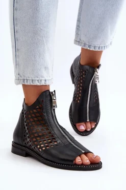 Zazoo 977/L Skórzane Ażurowe Sandały Na Zamek Czarne