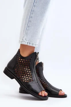 Zazoo 977/L Skórzane Ażurowe Sandały Na Zamek Czarne