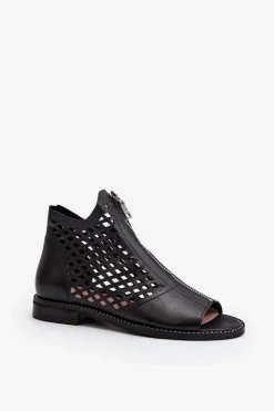 Zazoo 977/L Skórzane Ażurowe Sandały Na Zamek Czarne