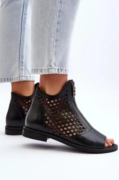 Zazoo 977/L Skórzane Ażurowe Sandały Na Zamek Czarne