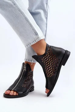 Zazoo 977/L Skórzane Ażurowe Sandały Na Zamek Czarne