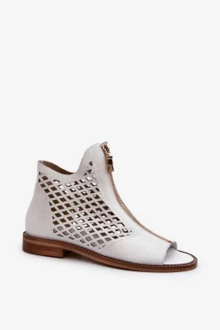 Zazoo 977/L Skórzane Ażurowe Sandały Na Zamek Białe