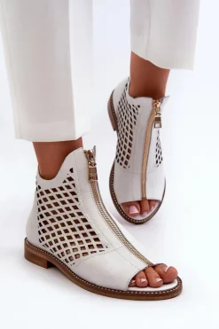 Zazoo 977/L Skórzane Ażurowe Sandały Na Zamek Białe