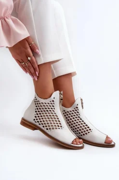 Zazoo 977/L Skórzane Ażurowe Sandały Na Zamek Białe