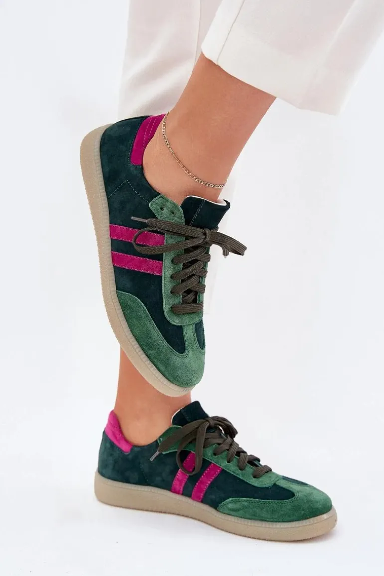 Zazoo N1068 Zamszowe Niskie Sneakersy Damskie Ciemnozielone