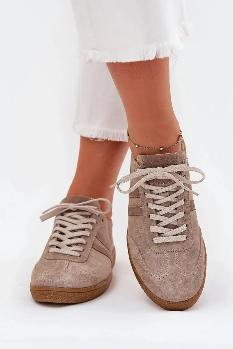 Zazoo N1068 Zamszowe Niskie Sneakersy Damskie Ciemnobeżowe