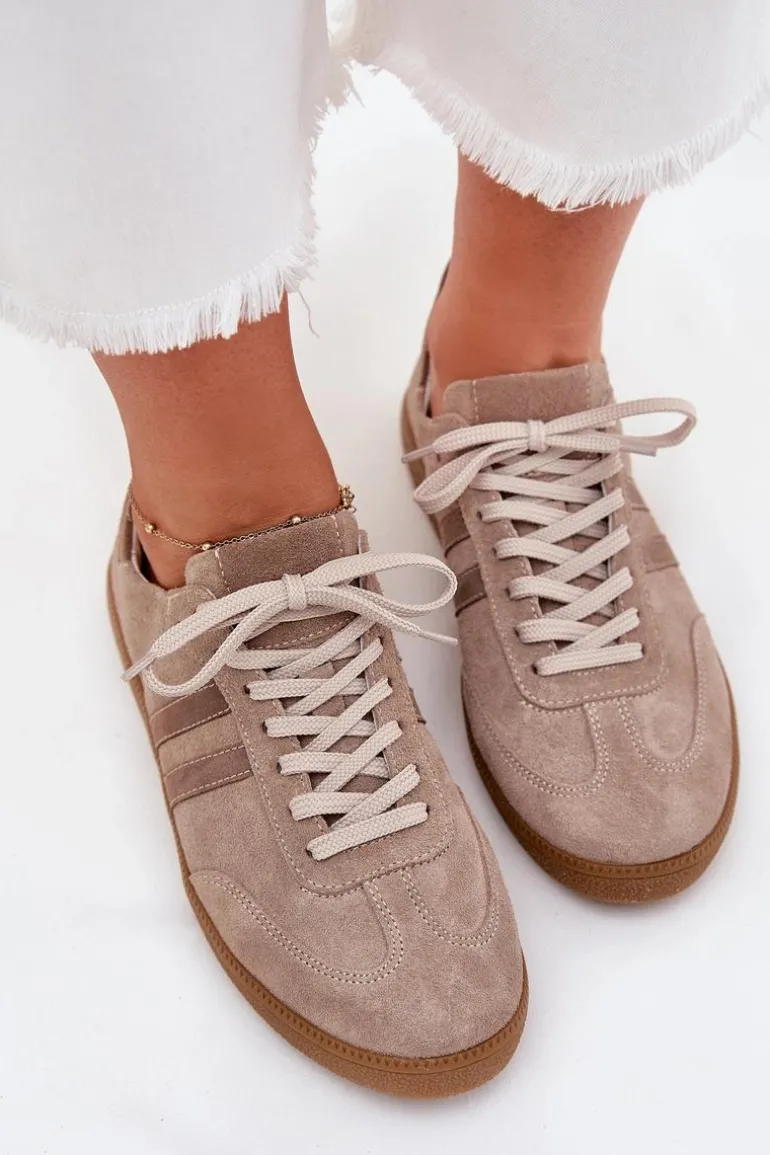 Zazoo N1068 Zamszowe Niskie Sneakersy Damskie Ciemnobeżowe