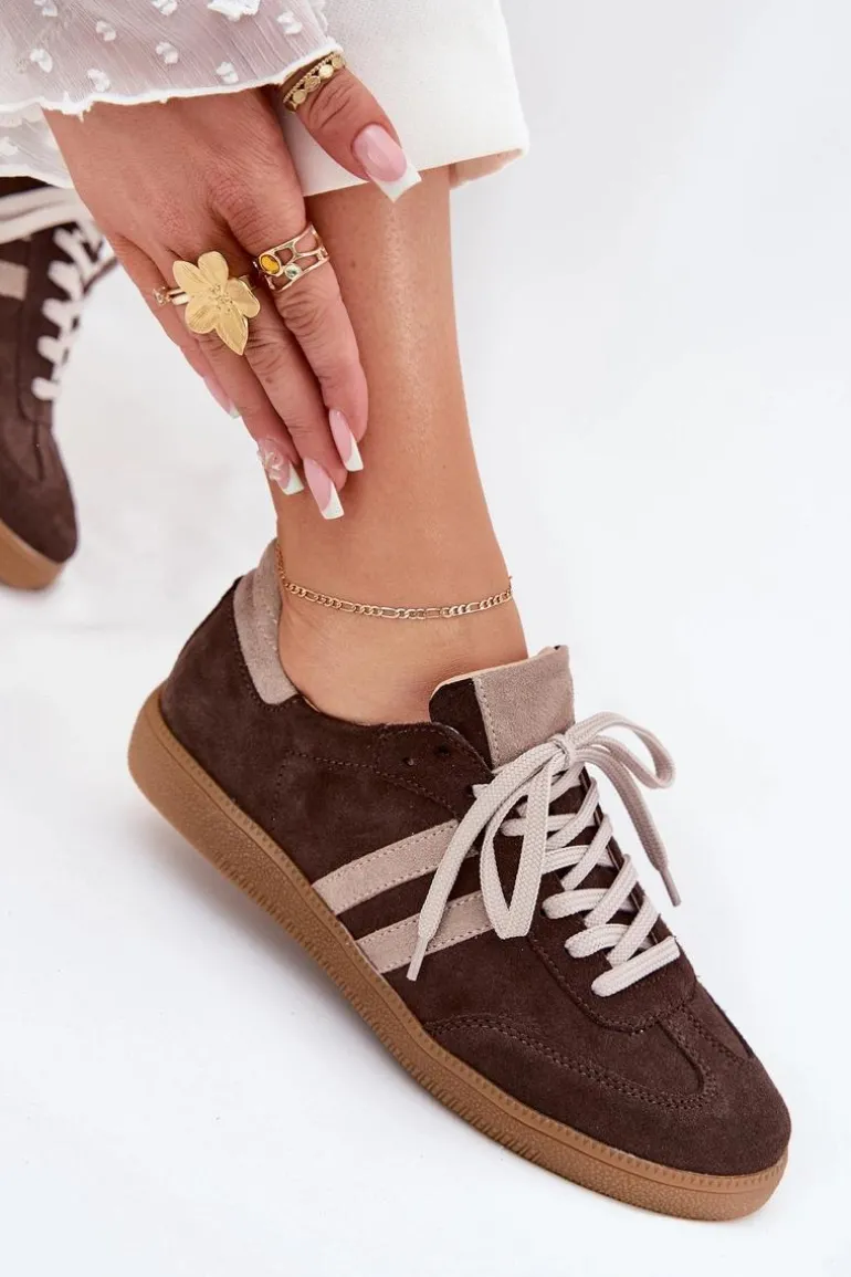 Zazoo N1068 Zamszowe Niskie Sneakersy Damskie Czekoladowe