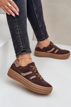 Zazoo N1176 Zamszowe Sneakersy Na Platformie Panterka Czekoladowe