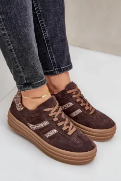 Zazoo N1176 Zamszowe Sneakersy Na Platformie Panterka Czekoladowe