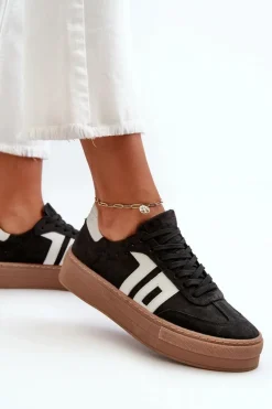 Zazoo N1095S2 Sneakersy Skórzane Damskie Na Platformie Czarne