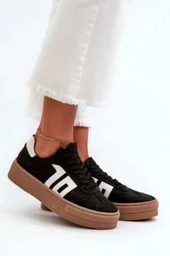 Zazoo N1095S2 Sneakersy Skórzane Damskie Na Platformie Czarne