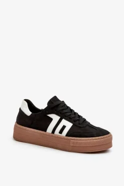 Zazoo N1095S2 Sneakersy Skórzane Damskie Na Platformie Czarne