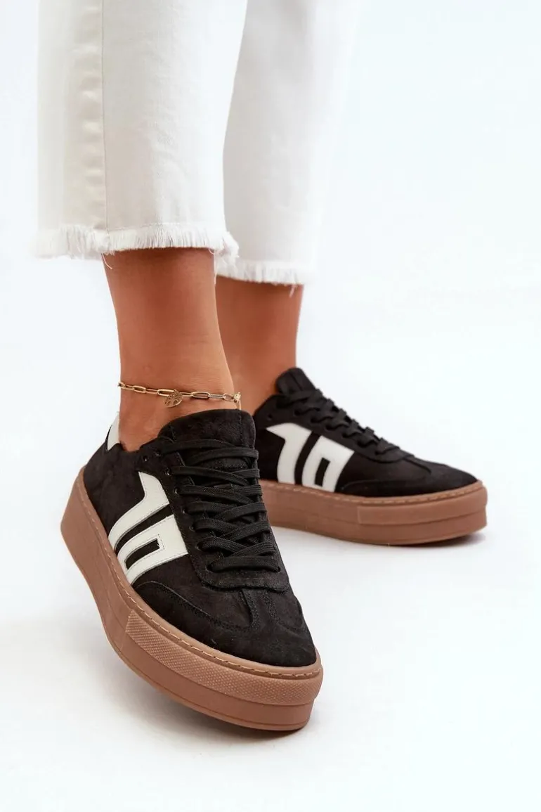 Zazoo N1095S2 Sneakersy Skórzane Damskie Na Platformie Czarne