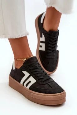 Zazoo N1095S2 Sneakersy Skórzane Damskie Na Platformie Czarne