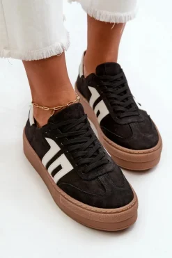 Zazoo N1095S2 Sneakersy Skórzane Damskie Na Platformie Czarne