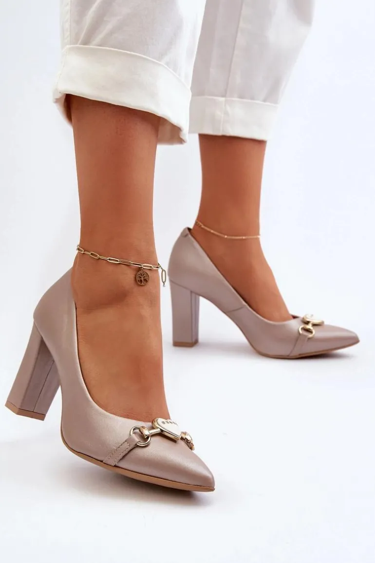 Zazoo 2453/OS Skórzane Czółenka Na Słupku Z Sercem Perłowe