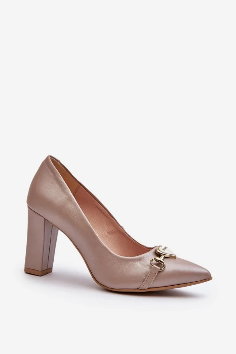 Zazoo 2453/OS Skórzane Czółenka Na Słupku Z Sercem Perłowe