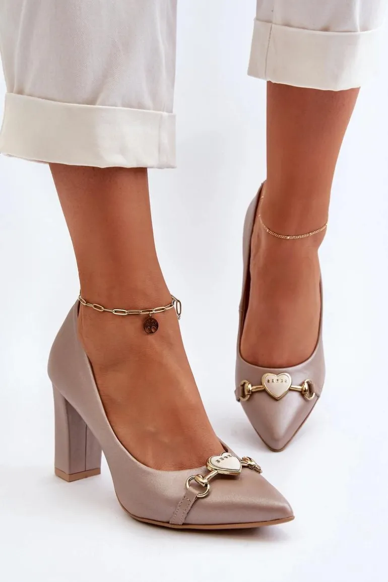 Zazoo 2453/OS Skórzane Czółenka Na Słupku Z Sercem Perłowe