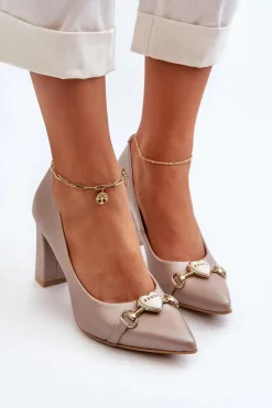 Zazoo 2453/OS Skórzane Czółenka Na Słupku Z Sercem Perłowe