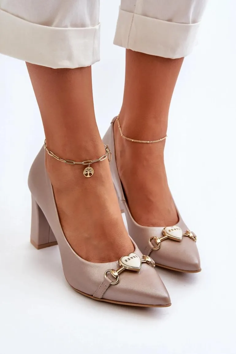 Zazoo 2453/OS Skórzane Czółenka Na Słupku Z Sercem Perłowe