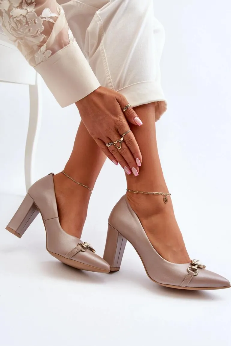 Zazoo 2453/OS Skórzane Czółenka Na Słupku Z Sercem Perłowe