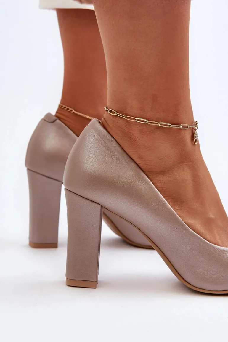 Zazoo 2453/OS Skórzane Czółenka Na Słupku Z Sercem Perłowe