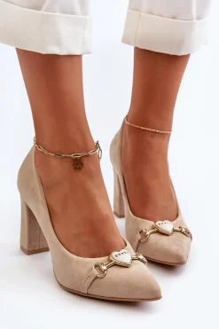 Zazoo 2453/OS Zamszowe Czółenka Na Słupku Z Sercem Cappuccino