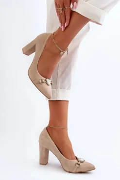 Zazoo 2453/OS Zamszowe Czółenka Na Słupku Z Sercem Cappuccino