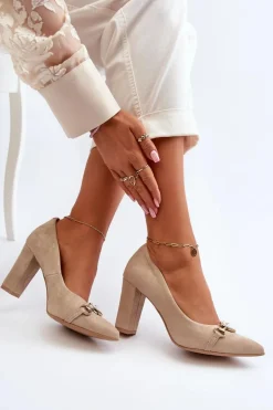 Zazoo 2453/OS Zamszowe Czółenka Na Słupku Z Sercem Cappuccino