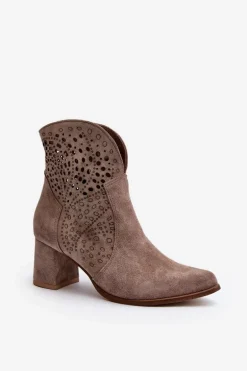 Zazoo 3166/P Damskie Ażurowe Botki Na Obcasie Zamszowe Beżowe