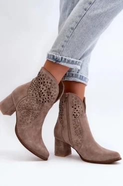 Zazoo 3166/P Damskie Ażurowe Botki Na Obcasie Zamszowe Beżowe