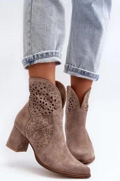 Zazoo 3166/P Damskie Ażurowe Botki Na Obcasie Zamszowe Beżowe
