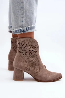 Zazoo 3166/P Damskie Ażurowe Botki Na Obcasie Zamszowe Beżowe