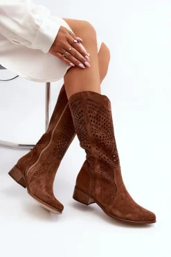 Zazoo 3305/P Zamszowe Kozaki Do Połowy Łydki Ażurowe Brązowe
