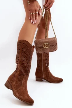 Zazoo 3305/P Zamszowe Kozaki Do Połowy Łydki Ażurowe Brązowe