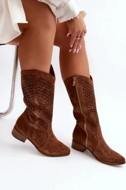 Zazoo 3305/P Zamszowe Kozaki Do Połowy Łydki Ażurowe Brązowe