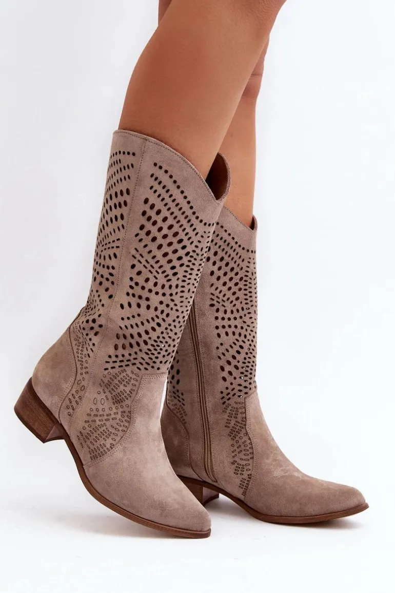 Zazoo 3305/P Zamszowe Kozaki Do Połowy Łydki Ażurowe Cappucino