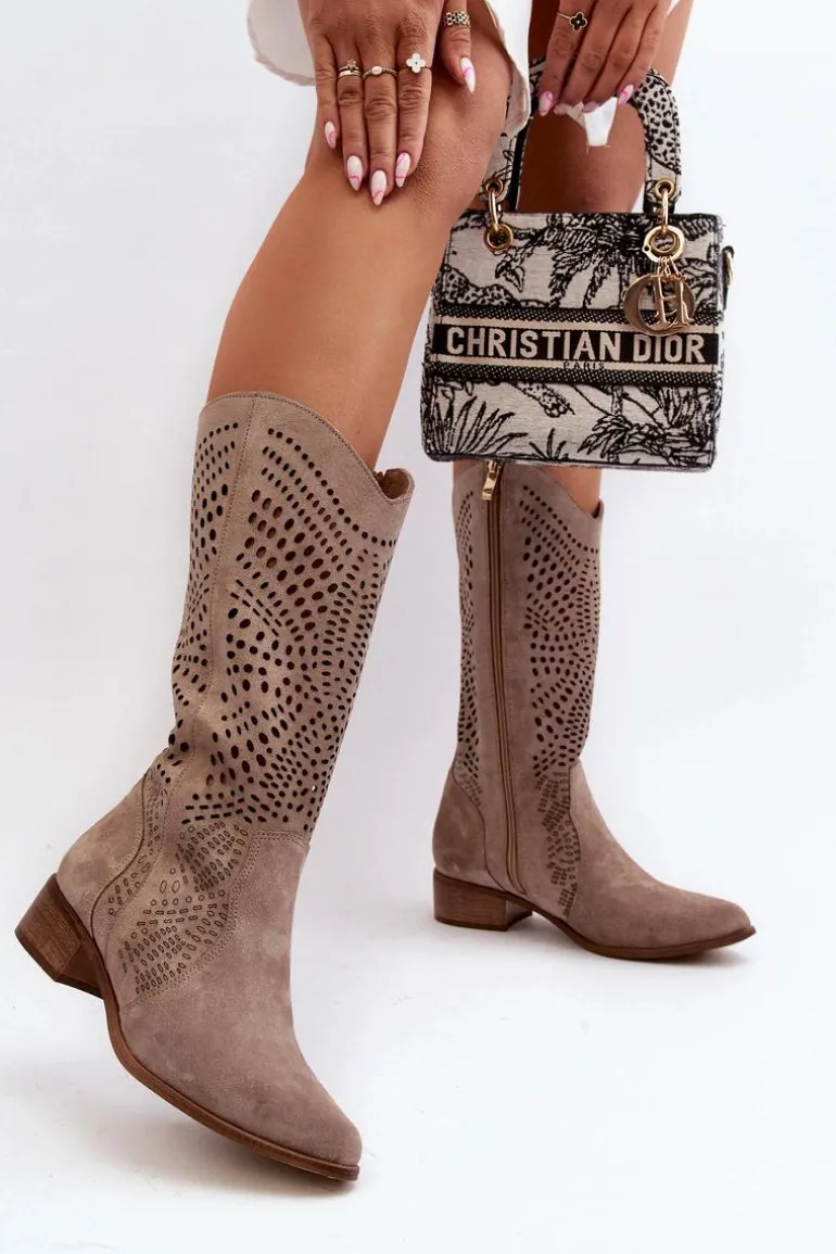 Zazoo 3305/P Zamszowe Kozaki Do Połowy Łydki Ażurowe Cappucino