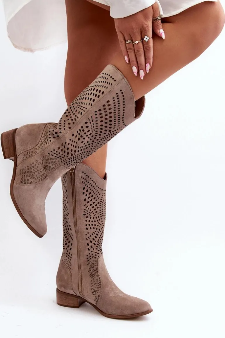 Zazoo 3305/P Zamszowe Kozaki Do Połowy Łydki Ażurowe Cappucino