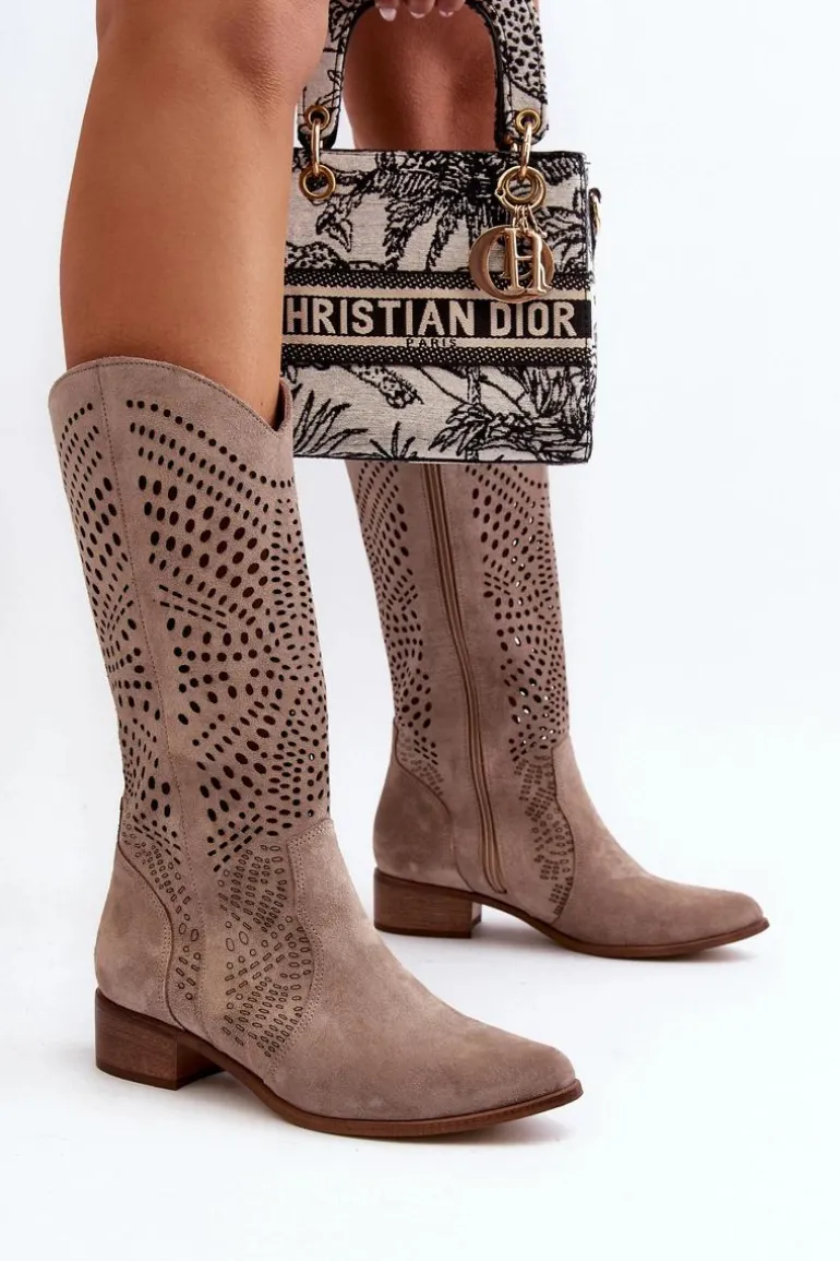 Zazoo 3305/P Zamszowe Kozaki Do Połowy Łydki Ażurowe Cappucino