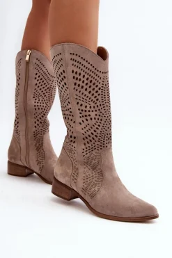 Zazoo 3305/P Zamszowe Kozaki Do Połowy Łydki Ażurowe Cappucino