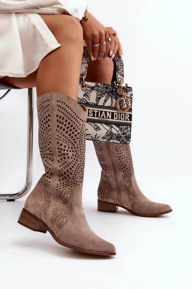 Zazoo 3305/P Zamszowe Kozaki Do Połowy Łydki Ażurowe Cappucino